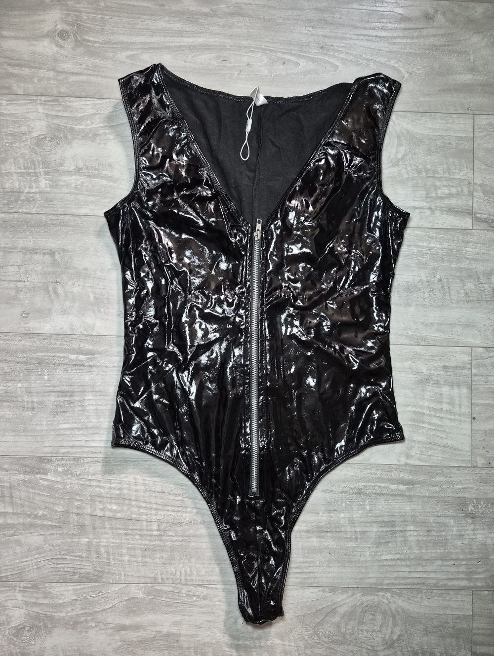 Hot Black Shiny Zip-Front Sleeveless Bodysuit Medium